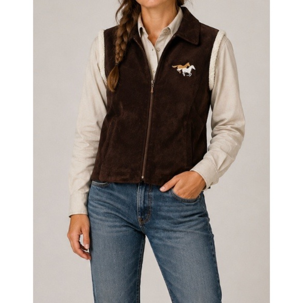 Vntg Saguaro Western Brown Suede‎ Leather Horse Embroider Shearling Lined Vest L